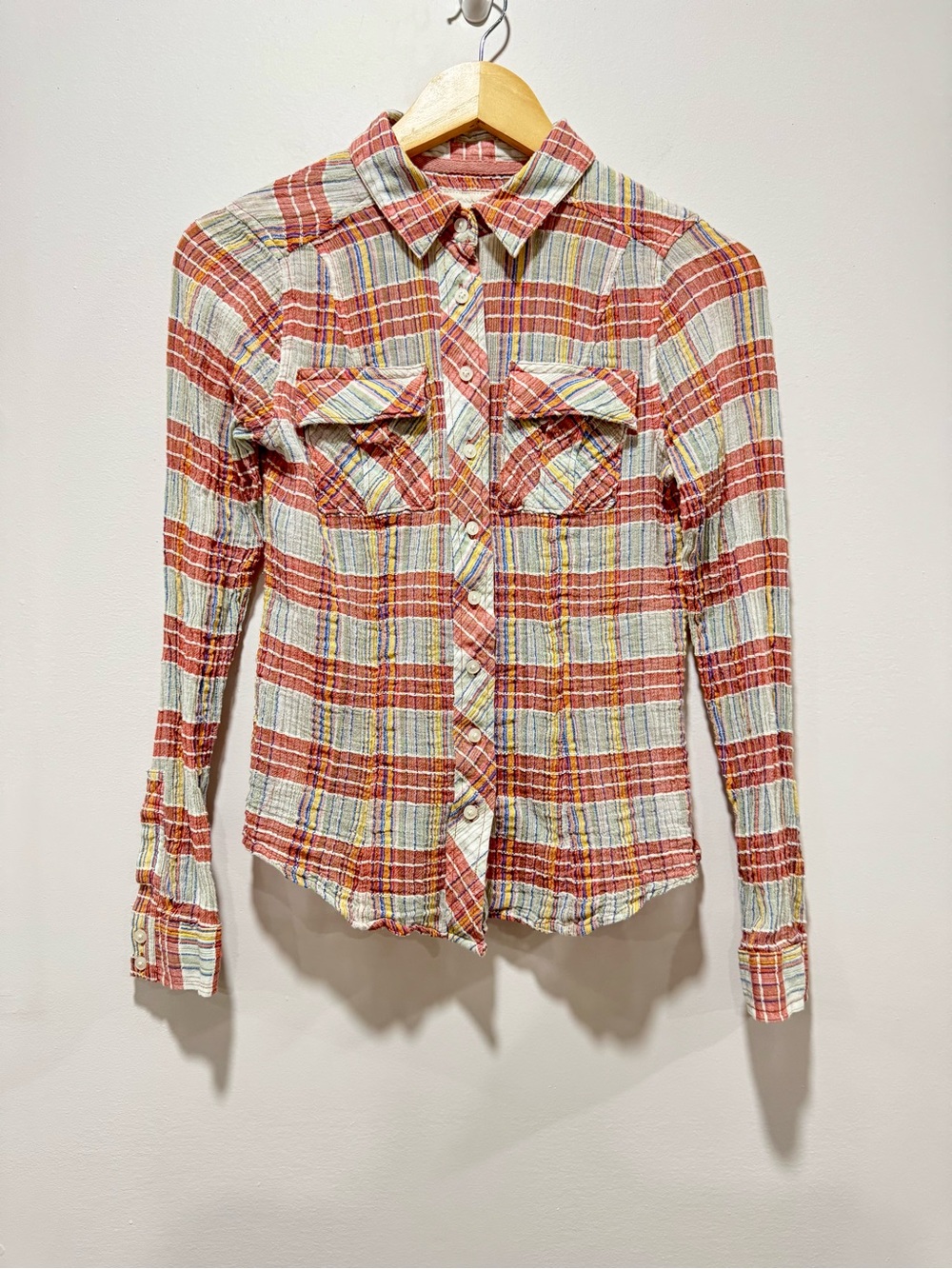 We‎ The Free Free People Gauze Plaid Button Down Shirt Pastel Size S